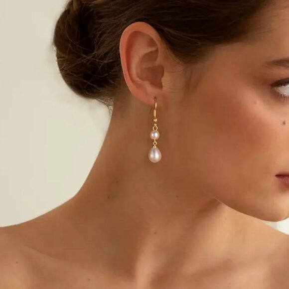 14K Gold Womens Hanging Drop Stacked Pearl Earrings Natural Freshwater Pearls main image 1